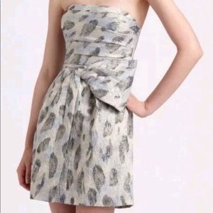 Bcbg blue and gold jacquard mini dress.